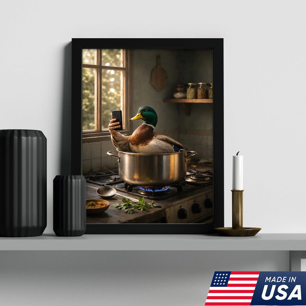 Funny Duck Cooking Selfie Canvas Wall Art, Whimsical Kitchen Animal Illustration