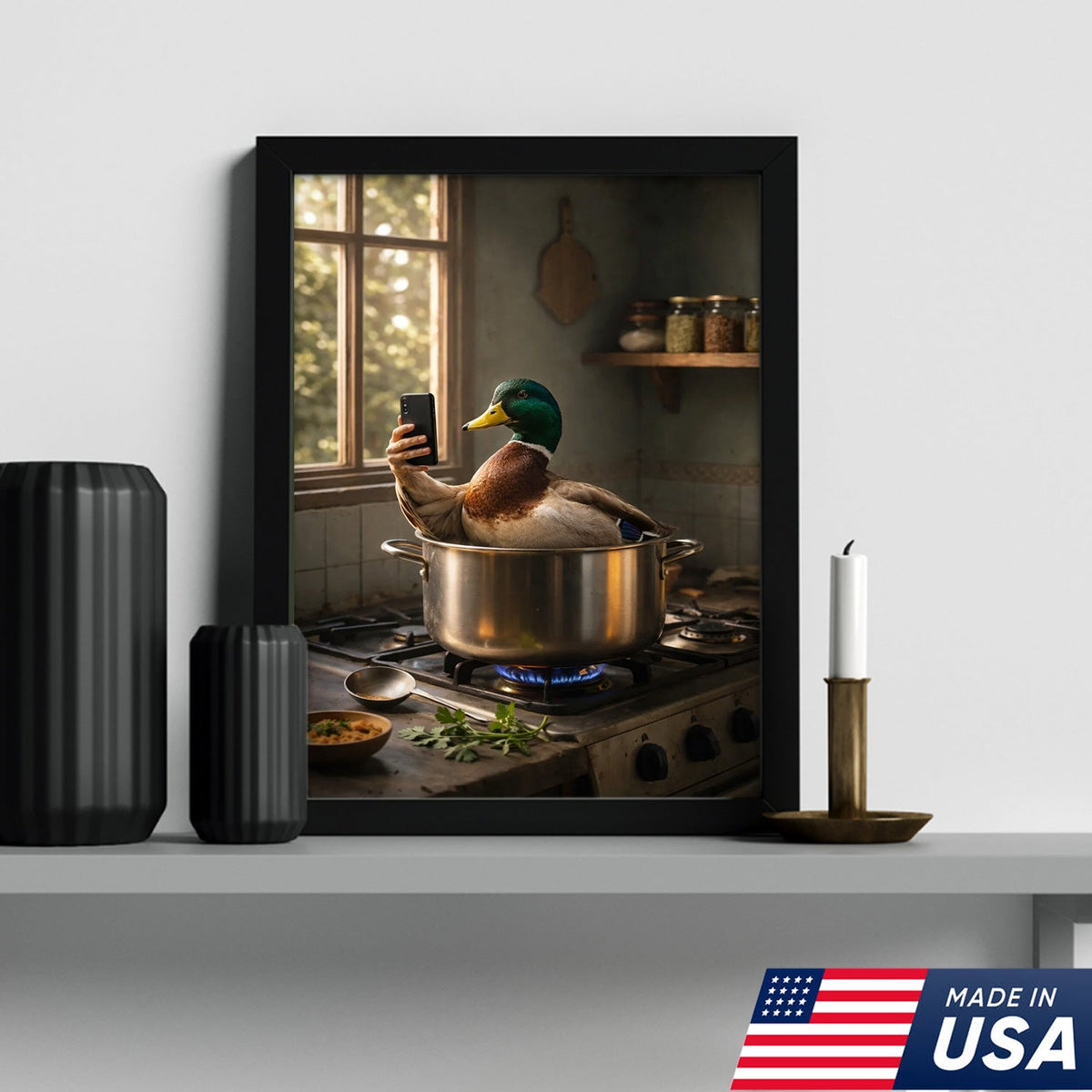 Funny Duck Cooking Selfie Canvas Wall Art, Whimsical Kitchen Animal Illustration
