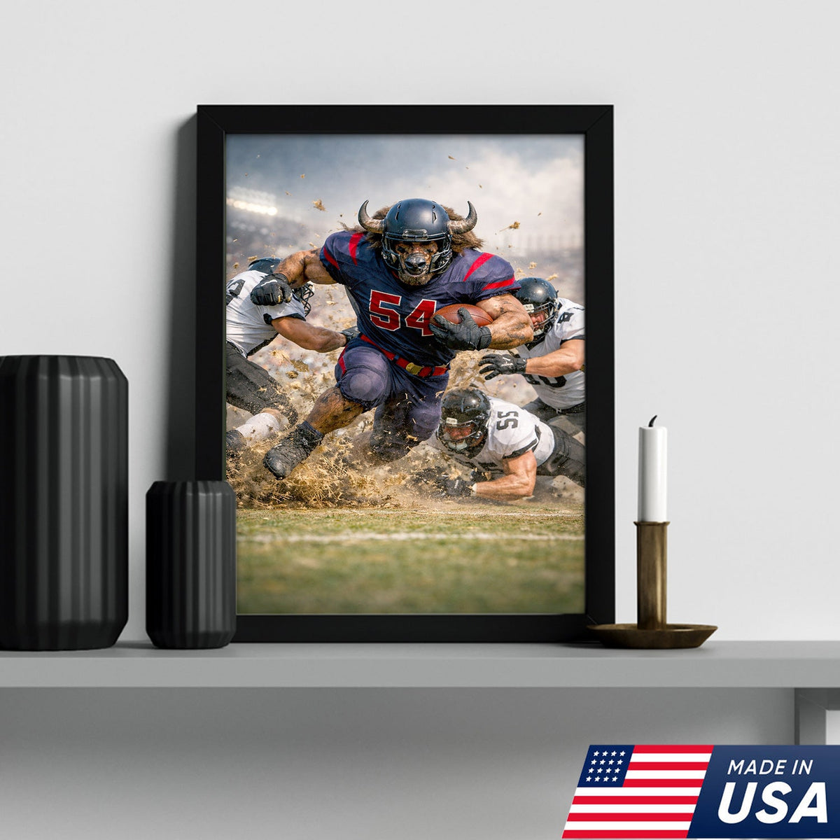 Bull Football Player Canvas Wall Art – Powerful Stadium Action Sports Print