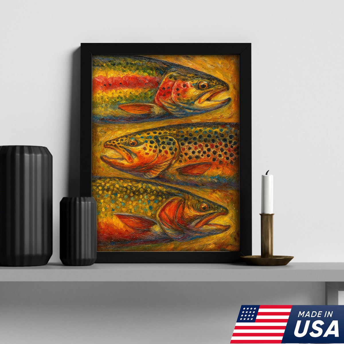 Trout Oil Painting Canvas Wall Art – Rustic Fishing Lodge Decor Gift for Anglers & Nature Lovers
