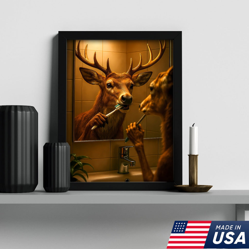 Deer Brushing Teeth Canvas – Funny Bathroom Wall Art, Cabin Decor Gift for Hunters