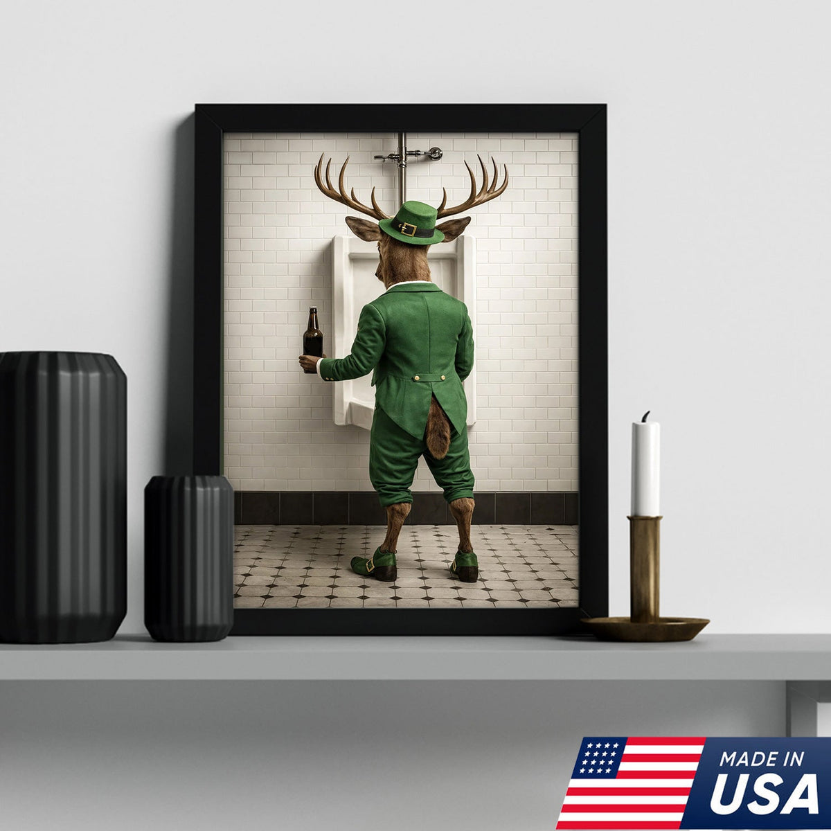Funny Deer Canvas Wall Art, Leprechaun Buck Bathroom Humor Print