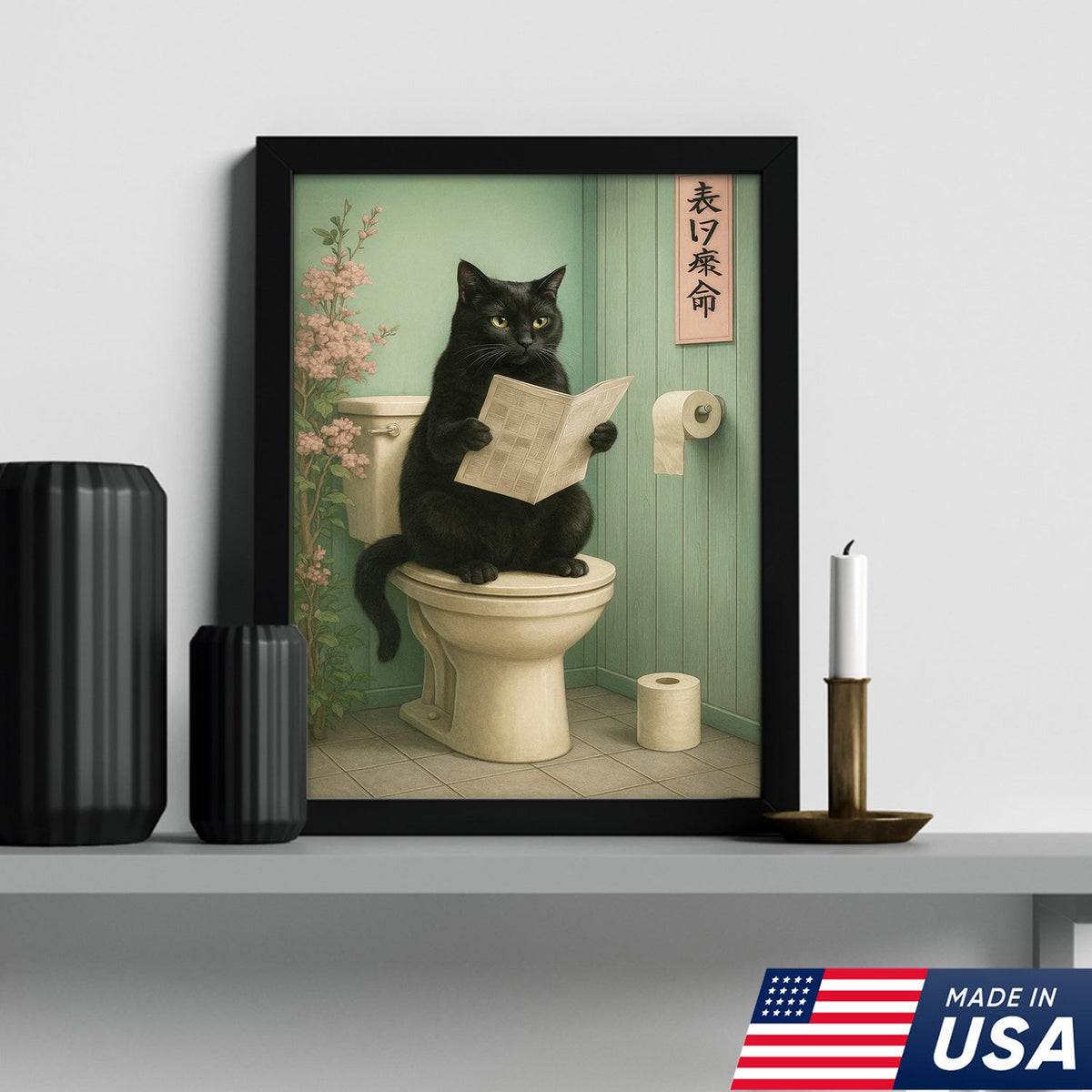 Funny Cat Bathroom Canvas Wall Art, Black Cat on Toilet Reading Newspaper