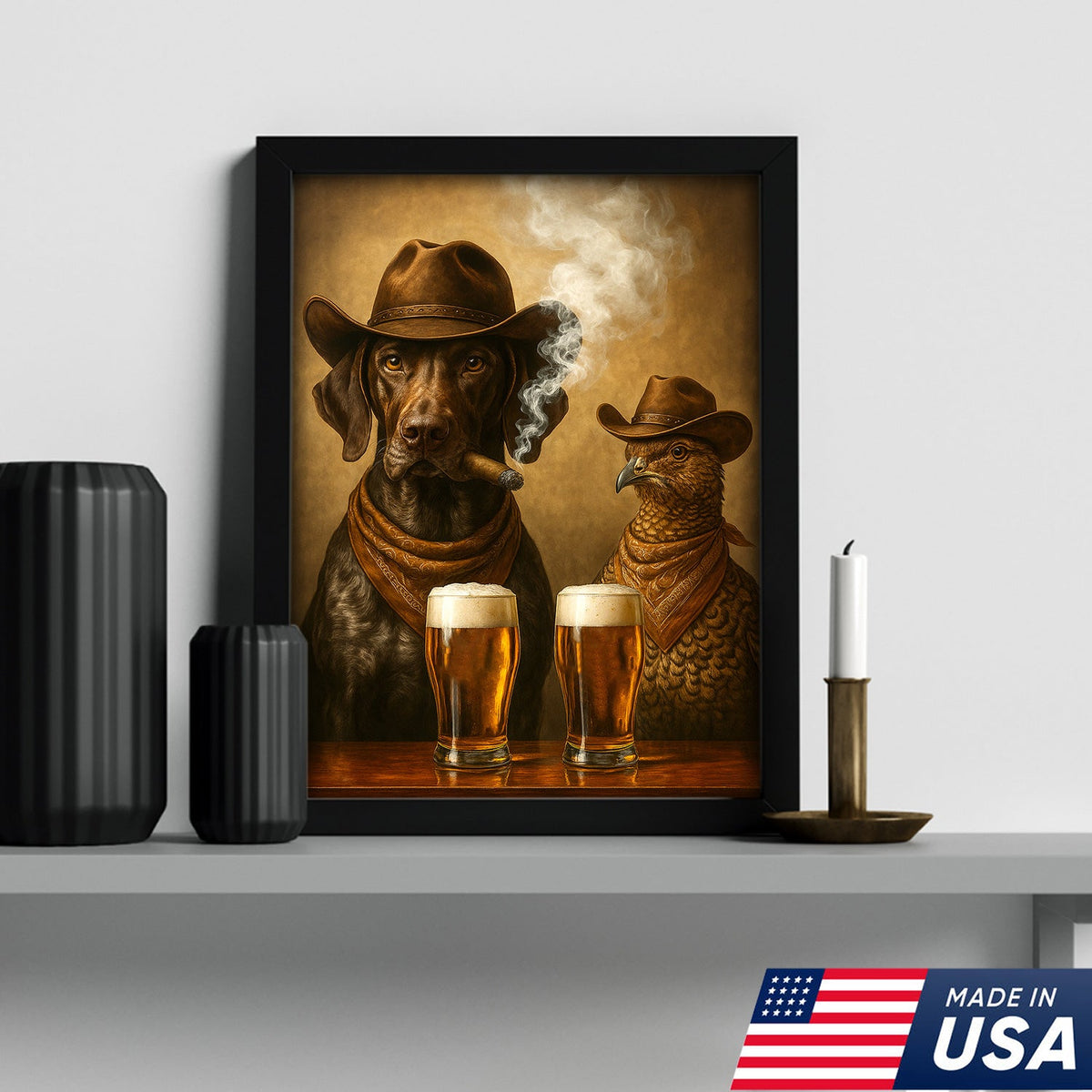 Funny Dog & Grouse Beer Canvas Wall Art – Rustic Cowboy Bar Decor Gift for Hunters & Outdoorsmen