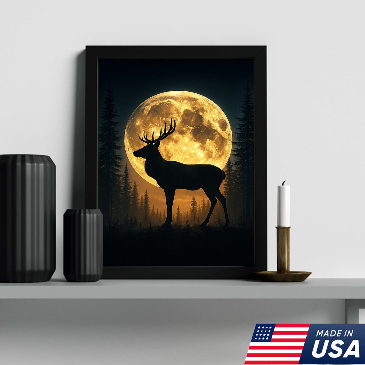 Moonlit Deer Silhouette Canvas – Rustic Forest Wall Art for Cabin & Lodge Decor