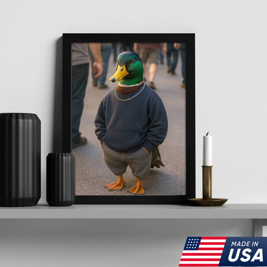 Funny Duck Canvas Wall Art, Cool Mallard in Hoodie Streetwear Poster