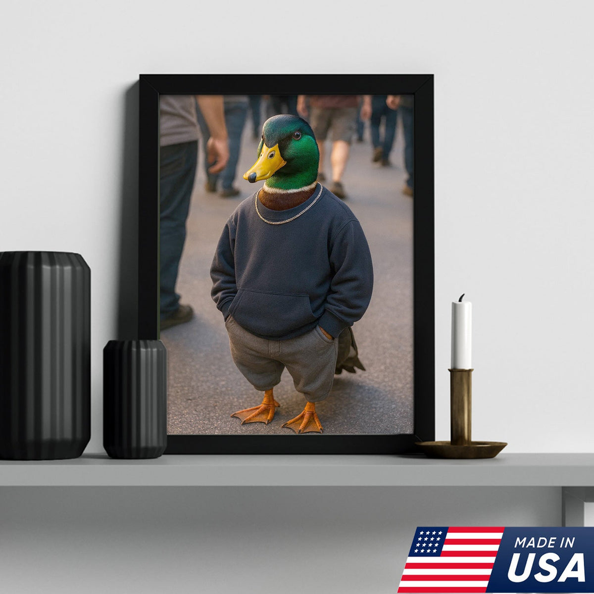 Funny Duck Canvas Wall Art, Cool Mallard in Hoodie Streetwear Poster