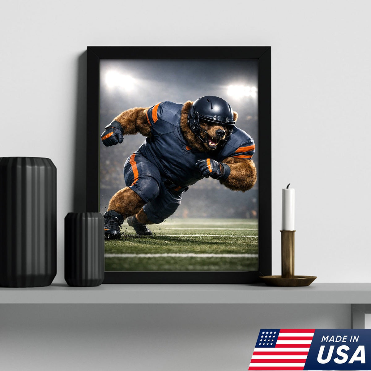 Raging Grizzly Football Canvas Wall Art – Powerful Bear Athlete Stadium Action Print