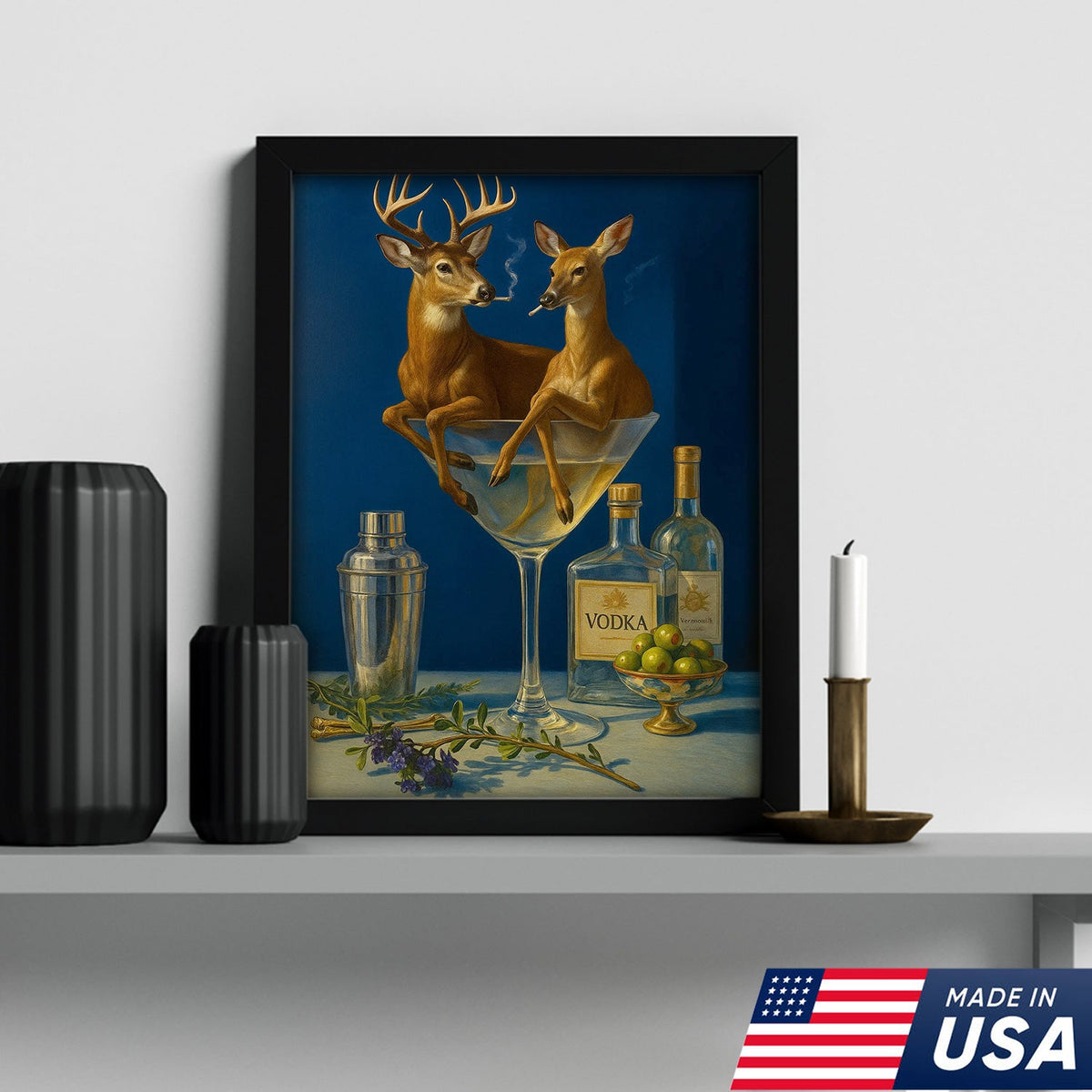 Funny Deer Couple Wall Art Canvas – Whimsical Buck and Doe in Martini Glass