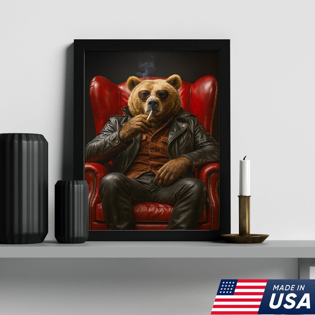Cool Smoking Bear Wall Art Canvas – Badass Leather Chair Bear Canvas Print for Man Cave Decor