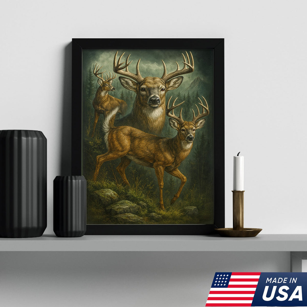 Whitetail Deer Trio Canvas Wall Art, Majestic Bucks in Forest Scene, Perfect Hunting Lodge