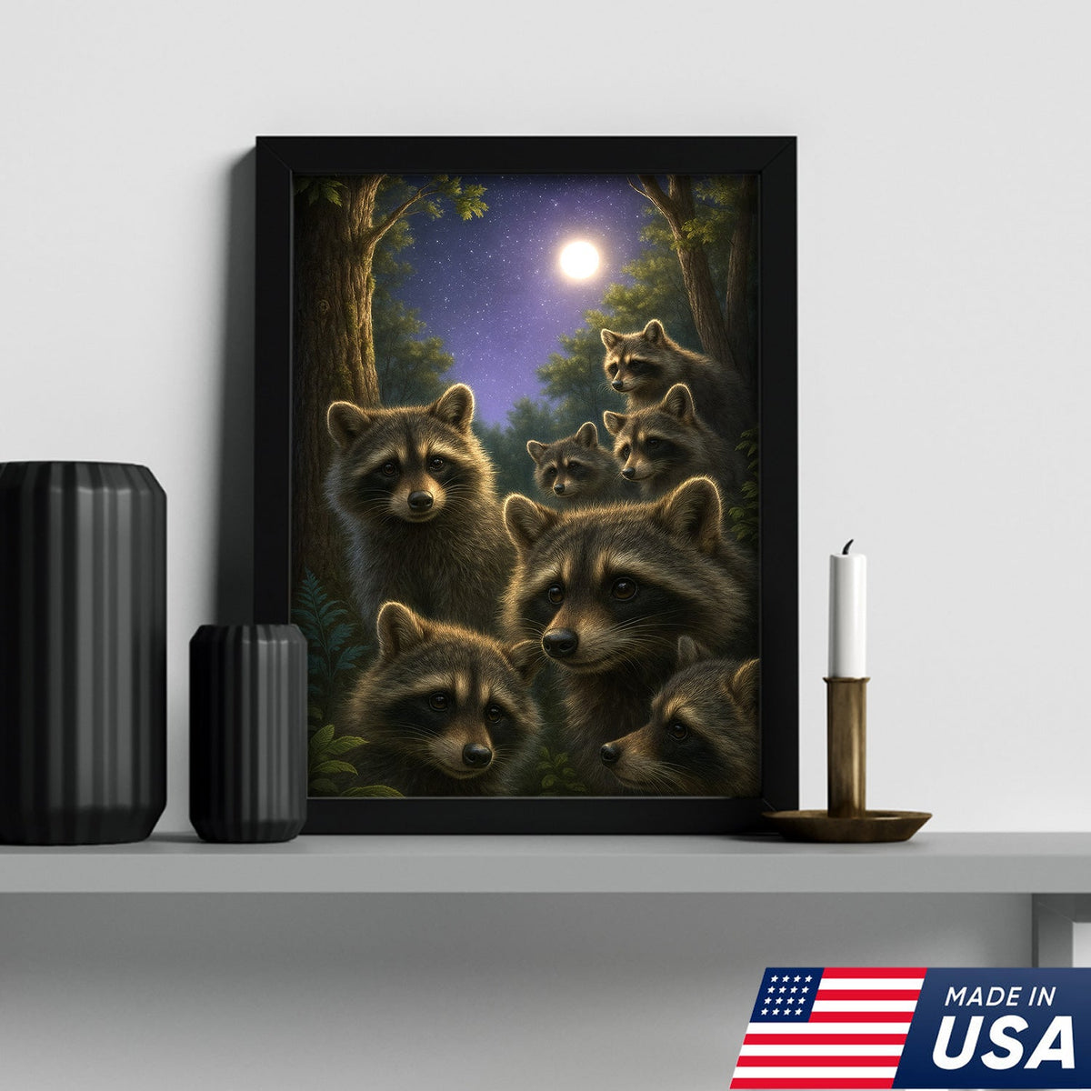 Raccoons Under Full Moon Canvas – Woodland Night Scene, Rustic Lodge Wall Art