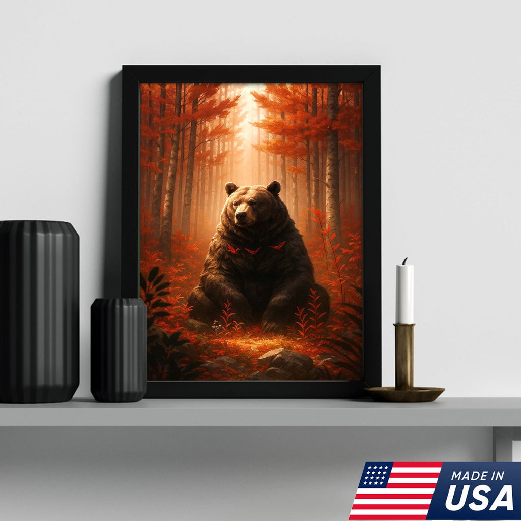 Autumn Forest Bear Canvas Wall Art, Majestic Brown Bear in Fall Woodland
