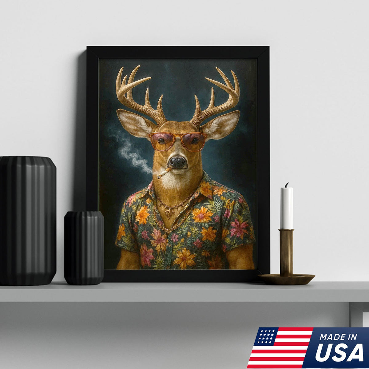 Cool Deer Smoking Canvas Wall Art, Funny Animal Portrait Artwork, Retro Hunter Gift Decor