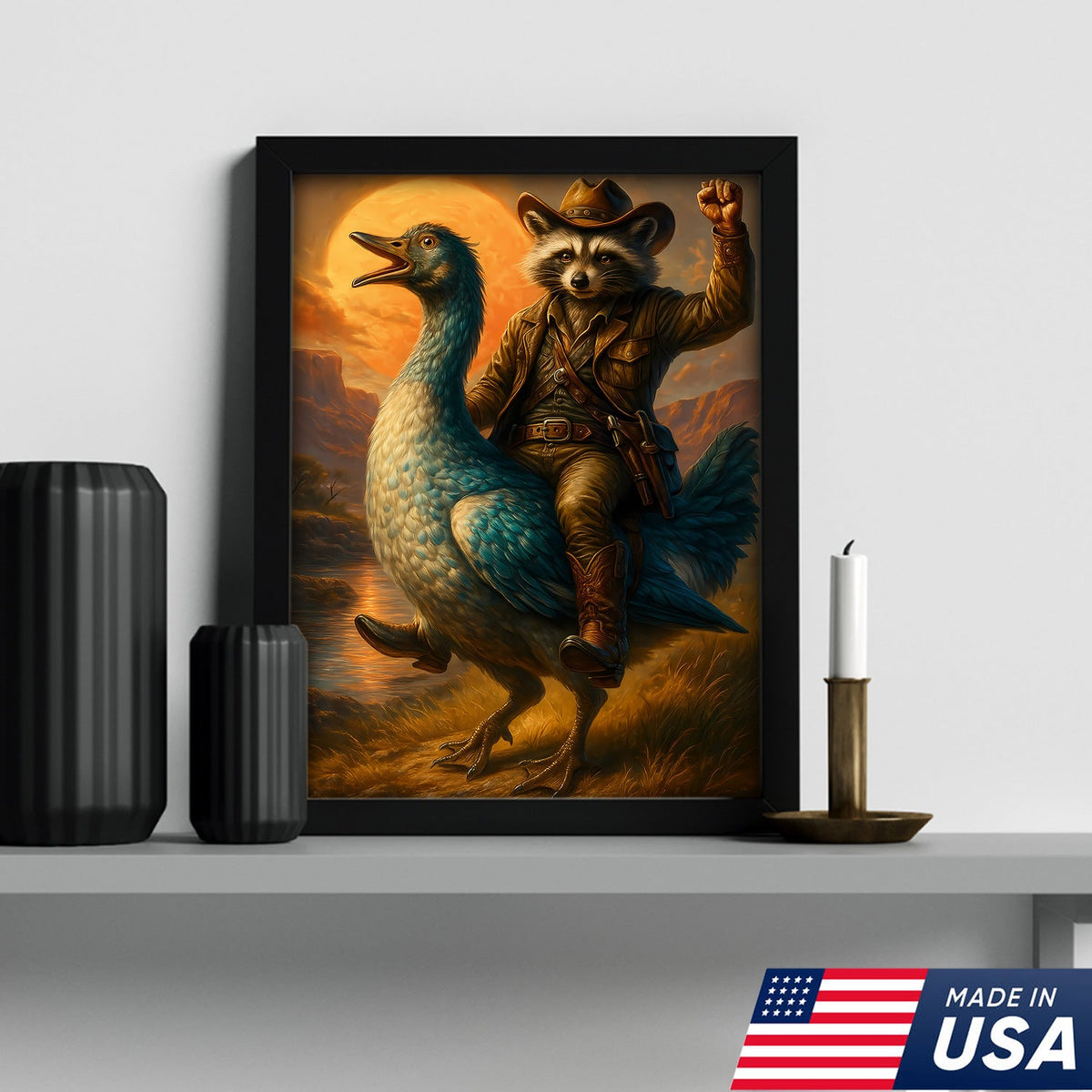 Raccoon Cowboy Riding Goose Canvas – Funny Western Wall Art for Hunters & Animal Lovers