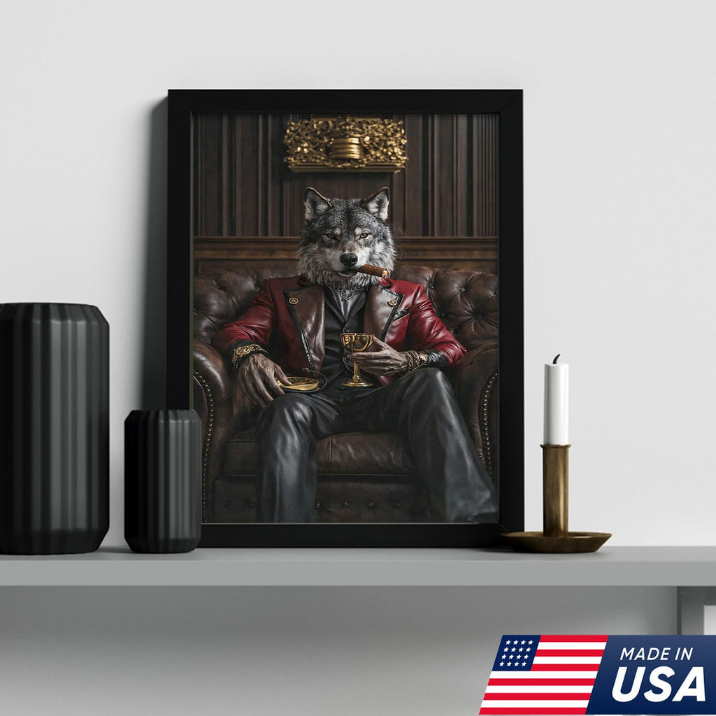 Luxury Alpha Wolf Canvas Wall Art, Aristocratic Wolf Gentleman Portrait