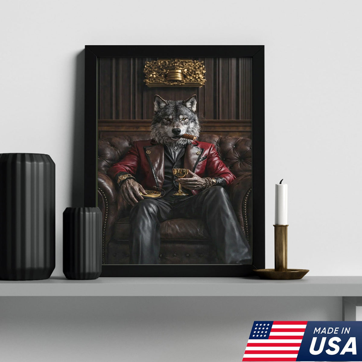 Luxury Alpha Wolf Canvas Wall Art, Aristocratic Wolf Gentleman Portrait