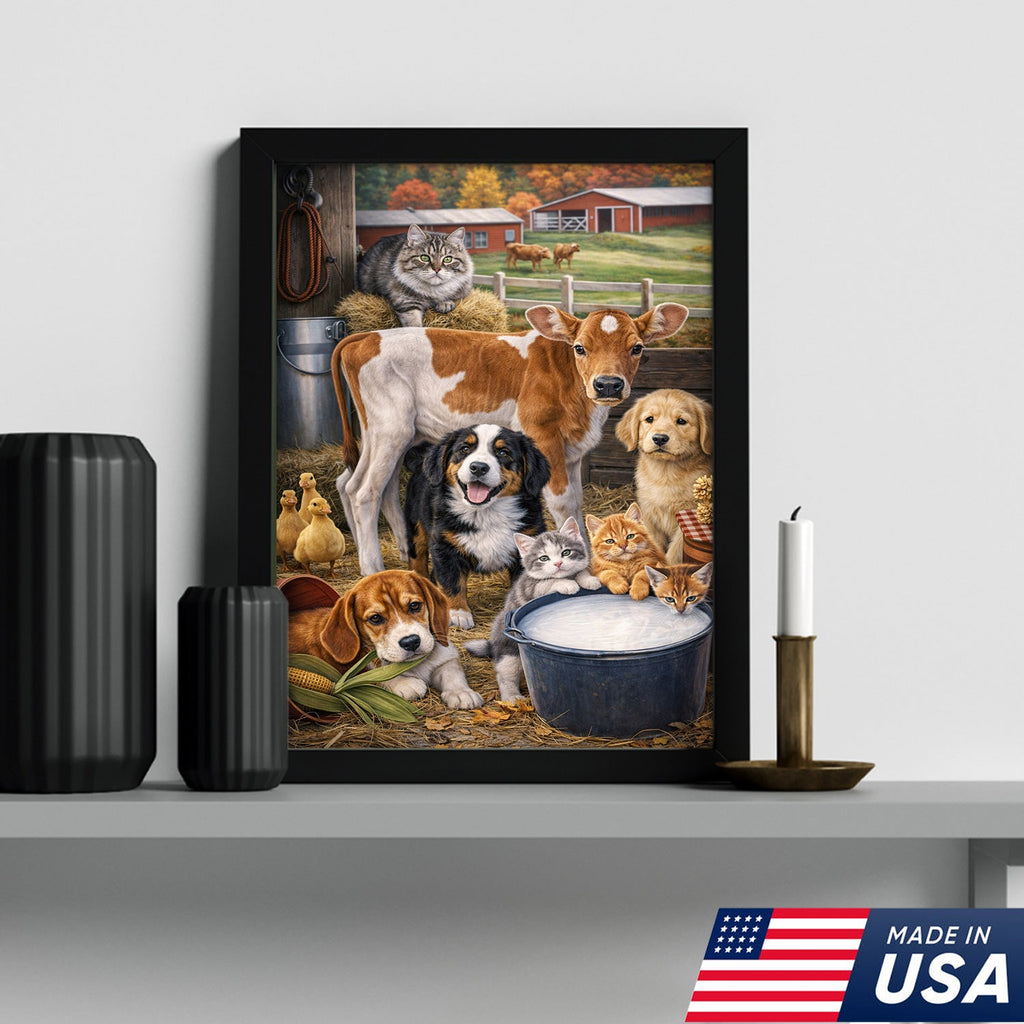 Farm Animals Canvas Wall Art – Cute Barn Animal Painting Cow Dog Cat Farm Decor