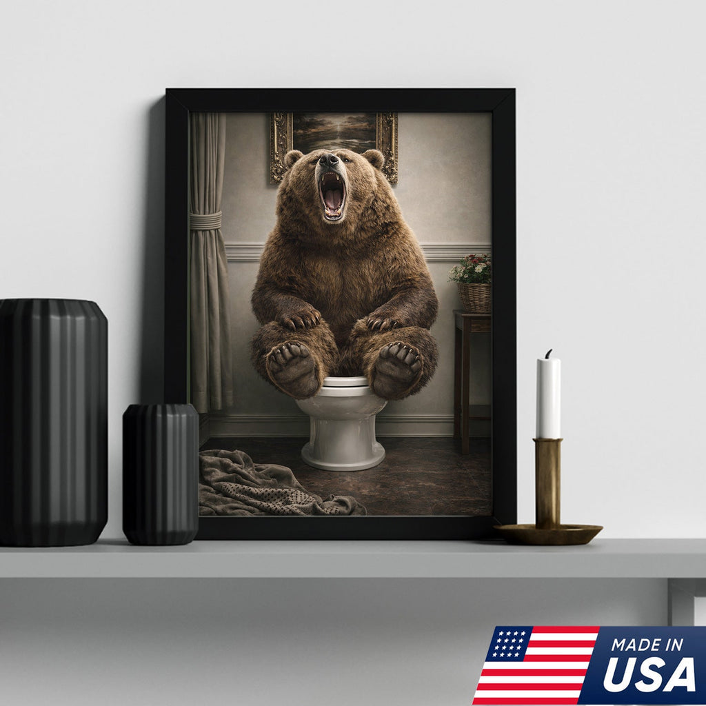 Funny Roaring Bear Bathroom Canvas Wall Art – Bear On Toilet Painting
