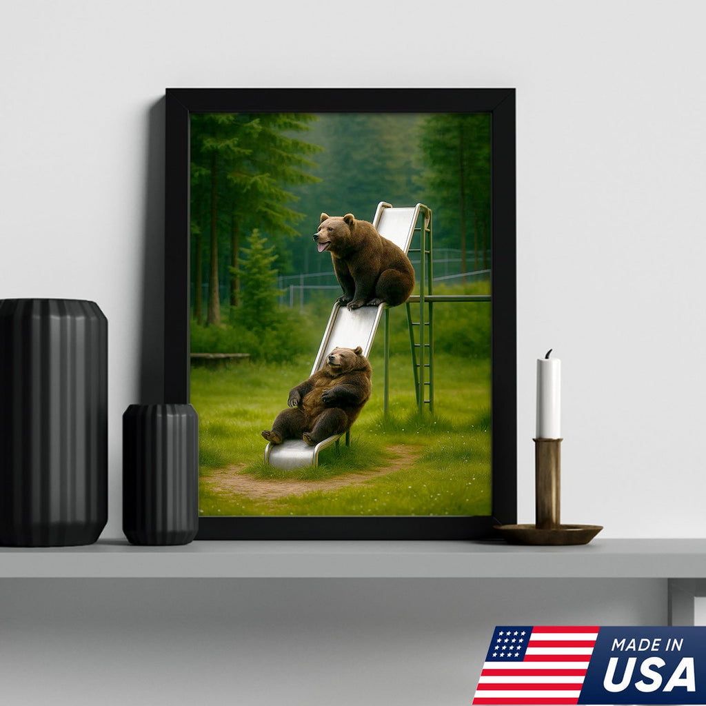 Bears on Playground Slide Canvas Wall Art, Funny Wildlife Cabin Decor
