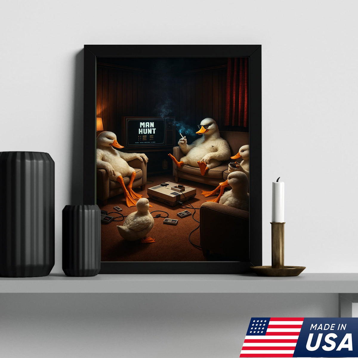Gaming Ducks Retro Scene Canvas – Dark Humor Surreal Wall Art for Man Cave Decor