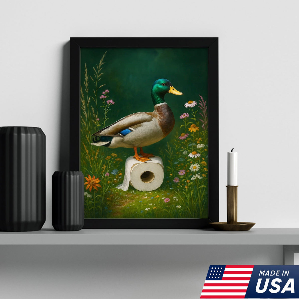 Duck on Toilet Paper Canvas Wall Art, Funny Bathroom Decor with Wildflowers