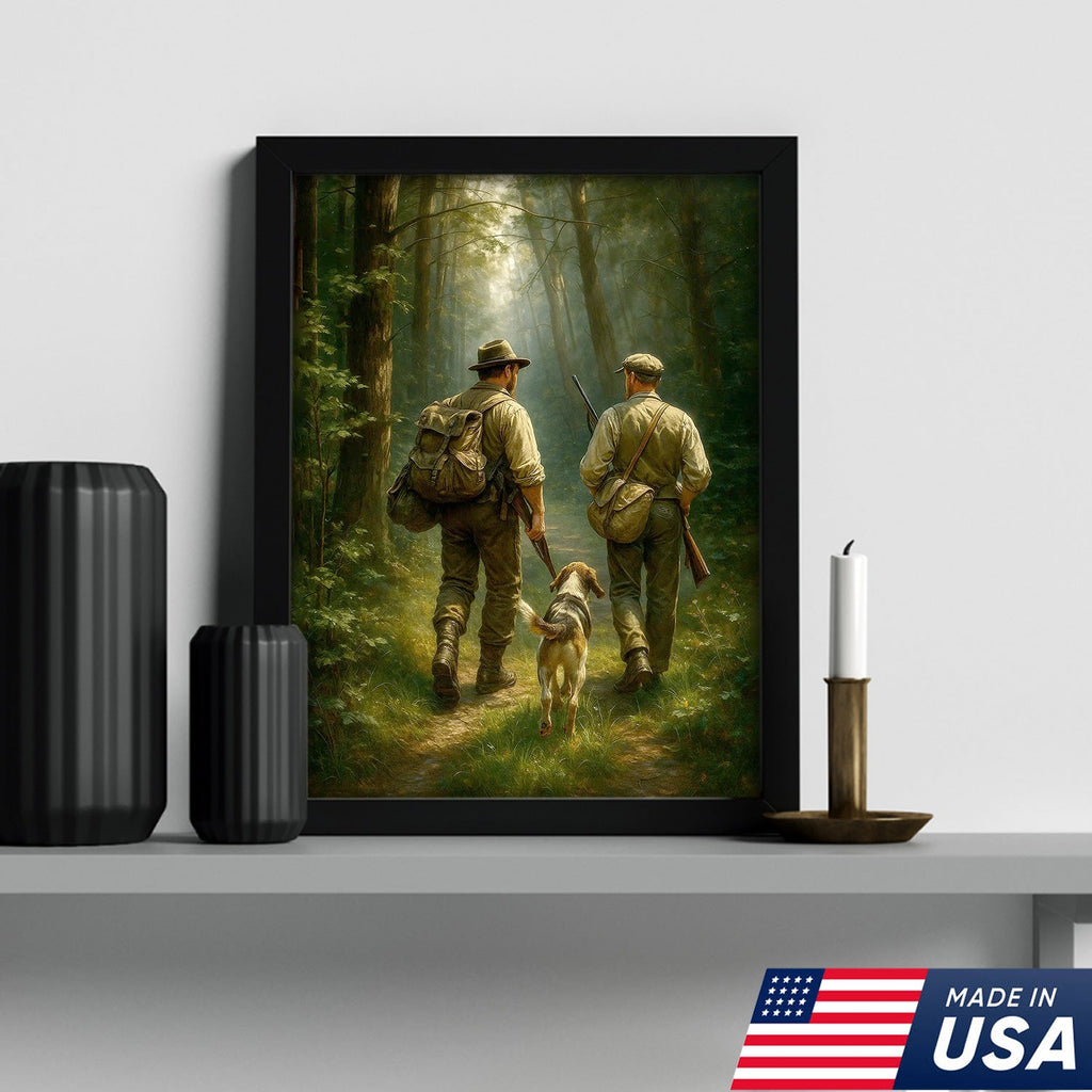Hunting Canvas Wall Art – Hunters Walking with Dog in Forest – Rustic Cabin Decor
