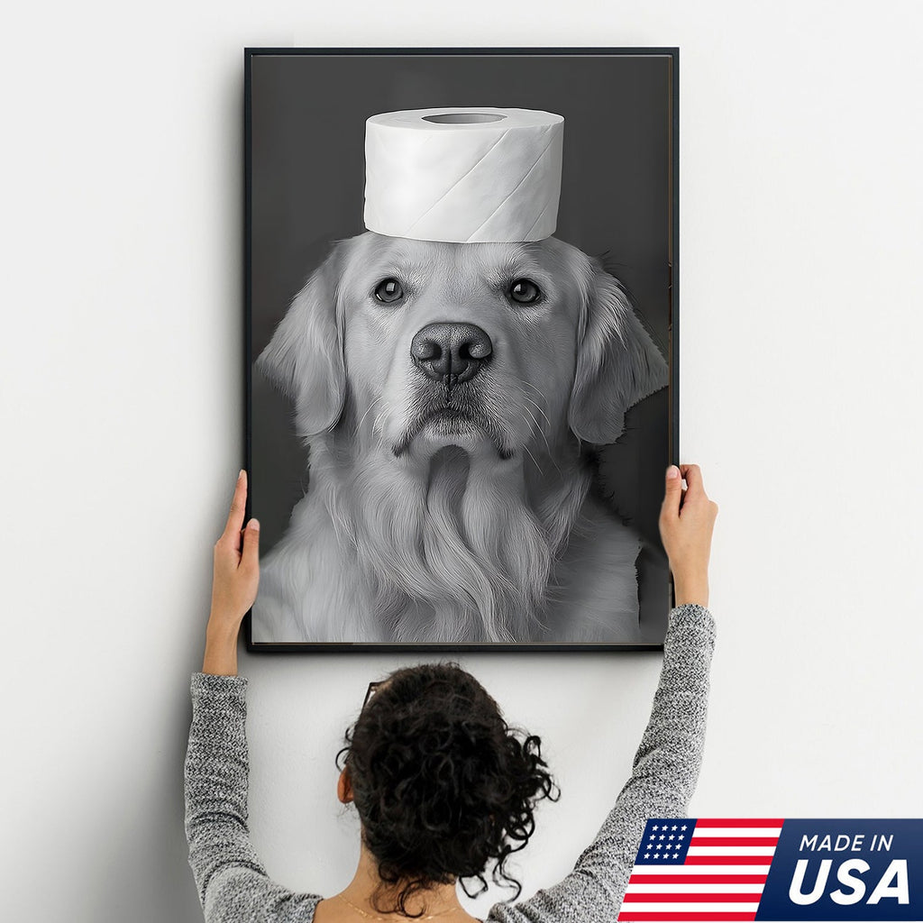 Funny Dog Bathroom Triptych Canvas Wall Art Set, Black and Golden Retriever Bath Humor