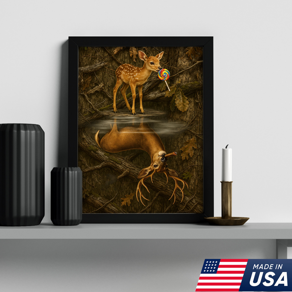 Whimsical Deer Reflection Canvas Art - Cute Fawn with Lollipop Forest Scene