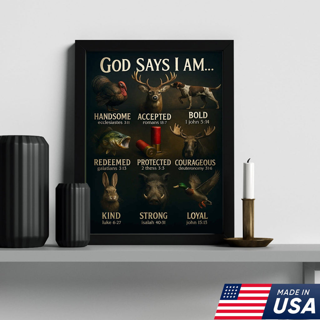 God Says I Am Hunting Canvas, Christian Wildlife Wall Art with Deer, Turkey, Duck, and Moose