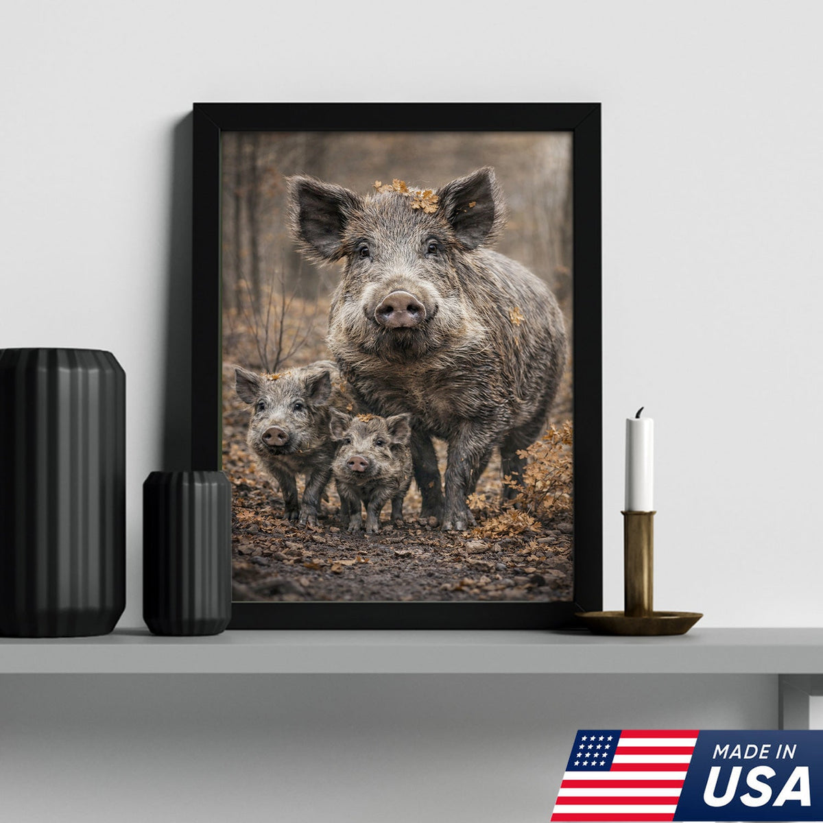 Wild Boar Family Canvas Wall Art – Rustic Forest Wildlife Animal Wall Decor