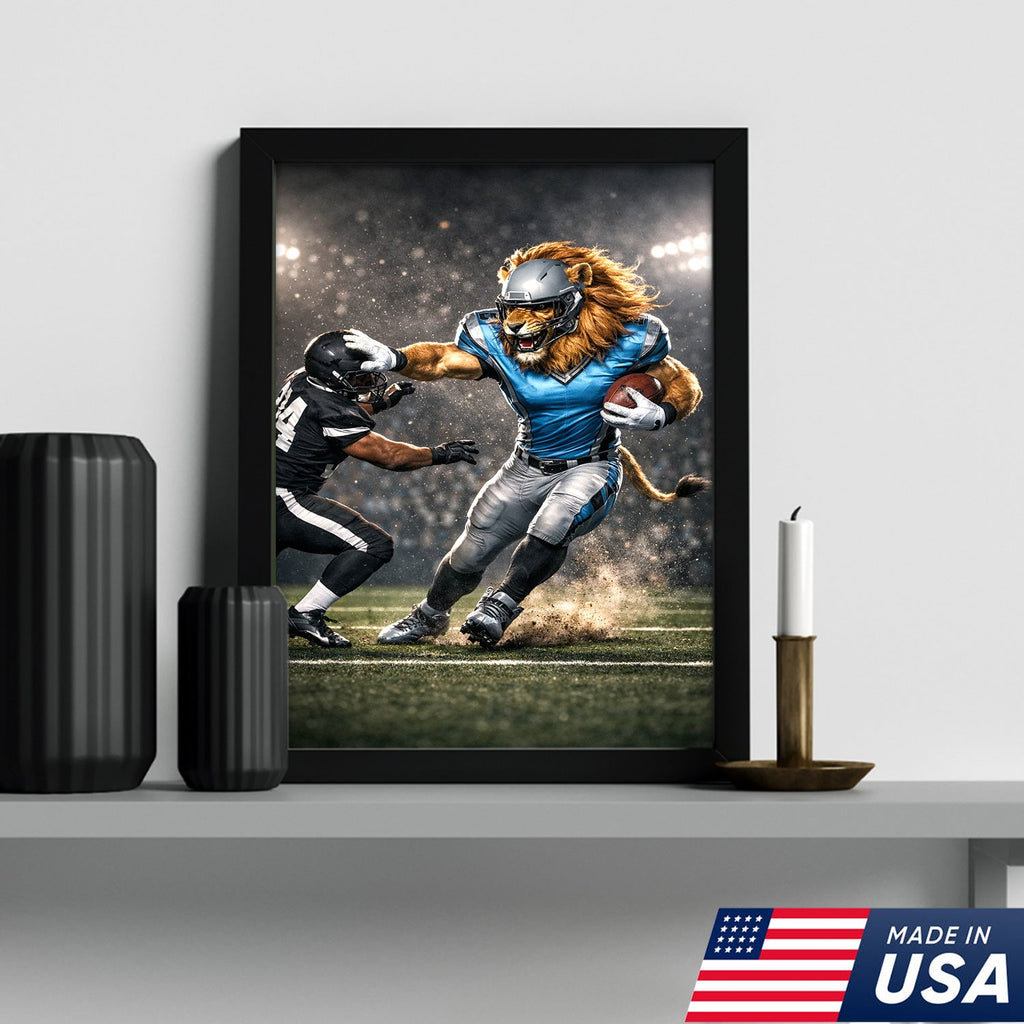 Fearless Lion Football Canvas Wall Art – Powerful Big Cat Athlete Stadium Action Print