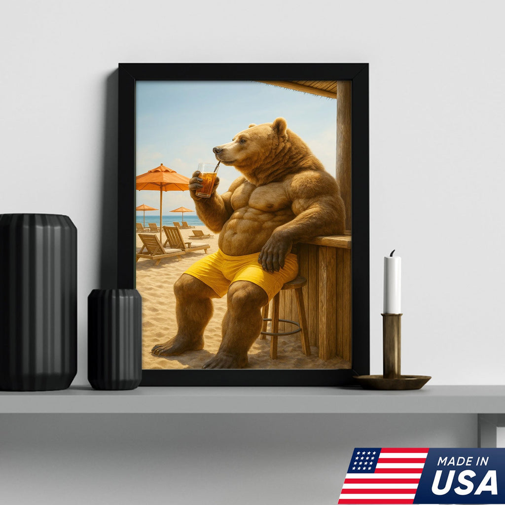 Funny Beach Bear Canvas Wall Art, Summer Vacation Animal Artwork