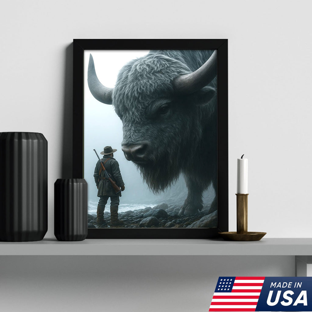 Giant Bison and Cowboy Wall Art Canvas, Western Hunter Standing by Buffalo Print