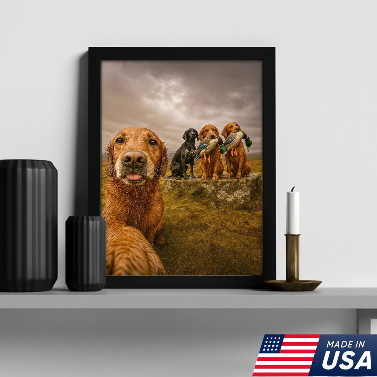 Hunting Dogs Selfie Canvas Art – Funny Retriever Group Photo with Ducks