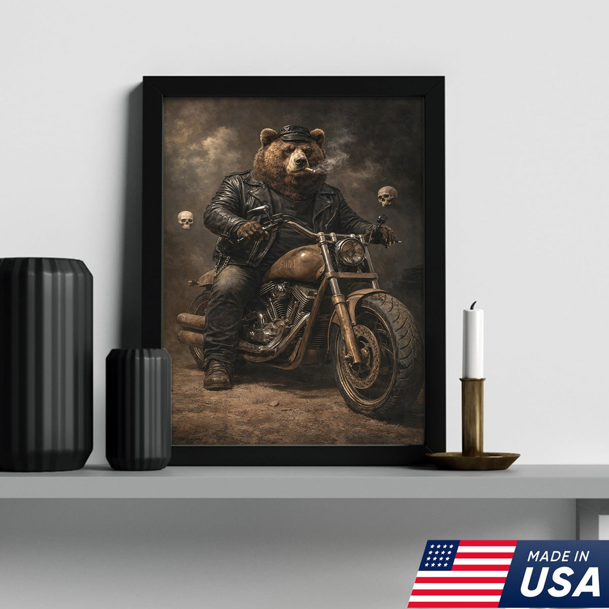 Bear Motorcycle Canvas Print Biker Animal Wall Art Man Cave Decor Gift