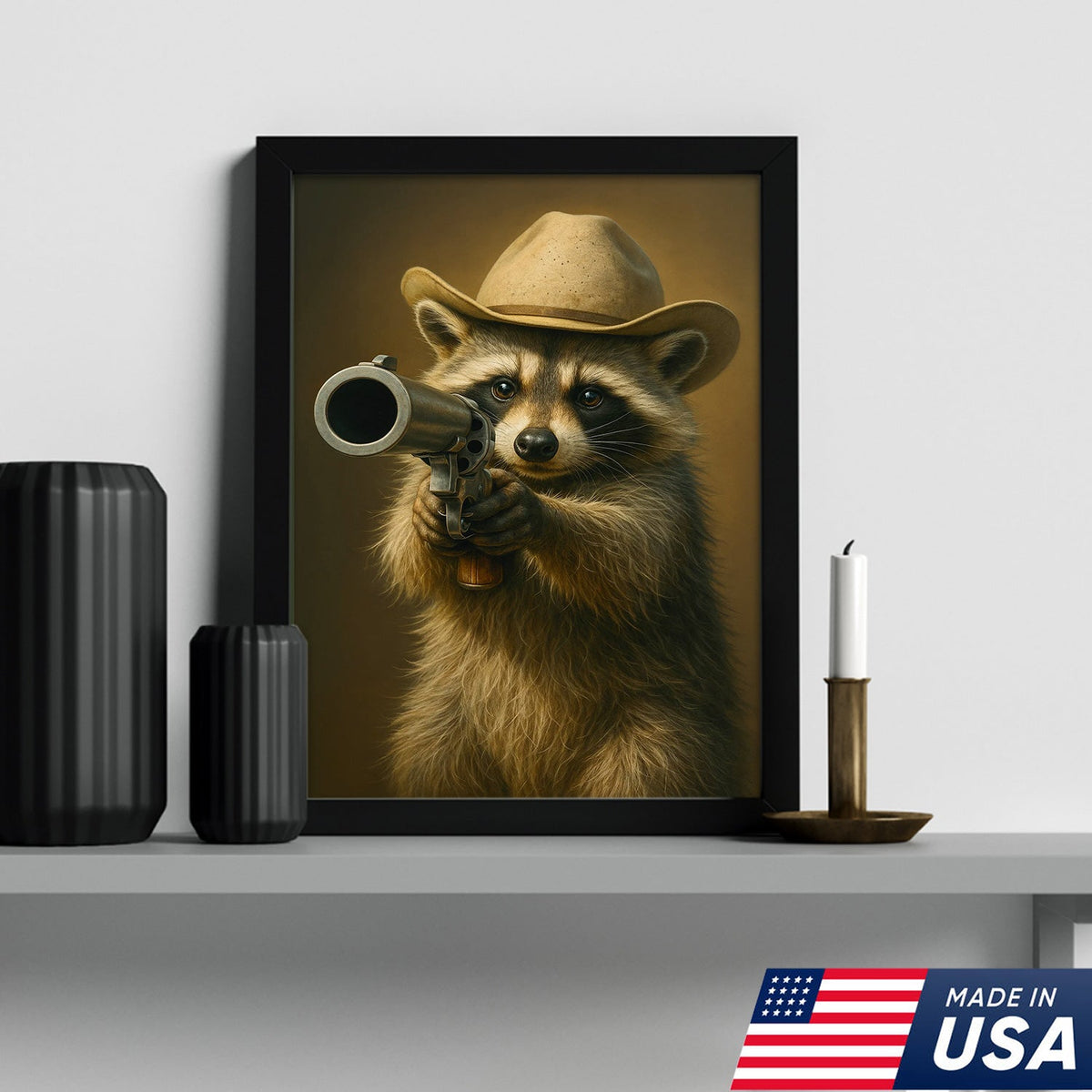 Cowboy Raccoon with Revolver Canvas Wall Art, Funny Western Critter Decor