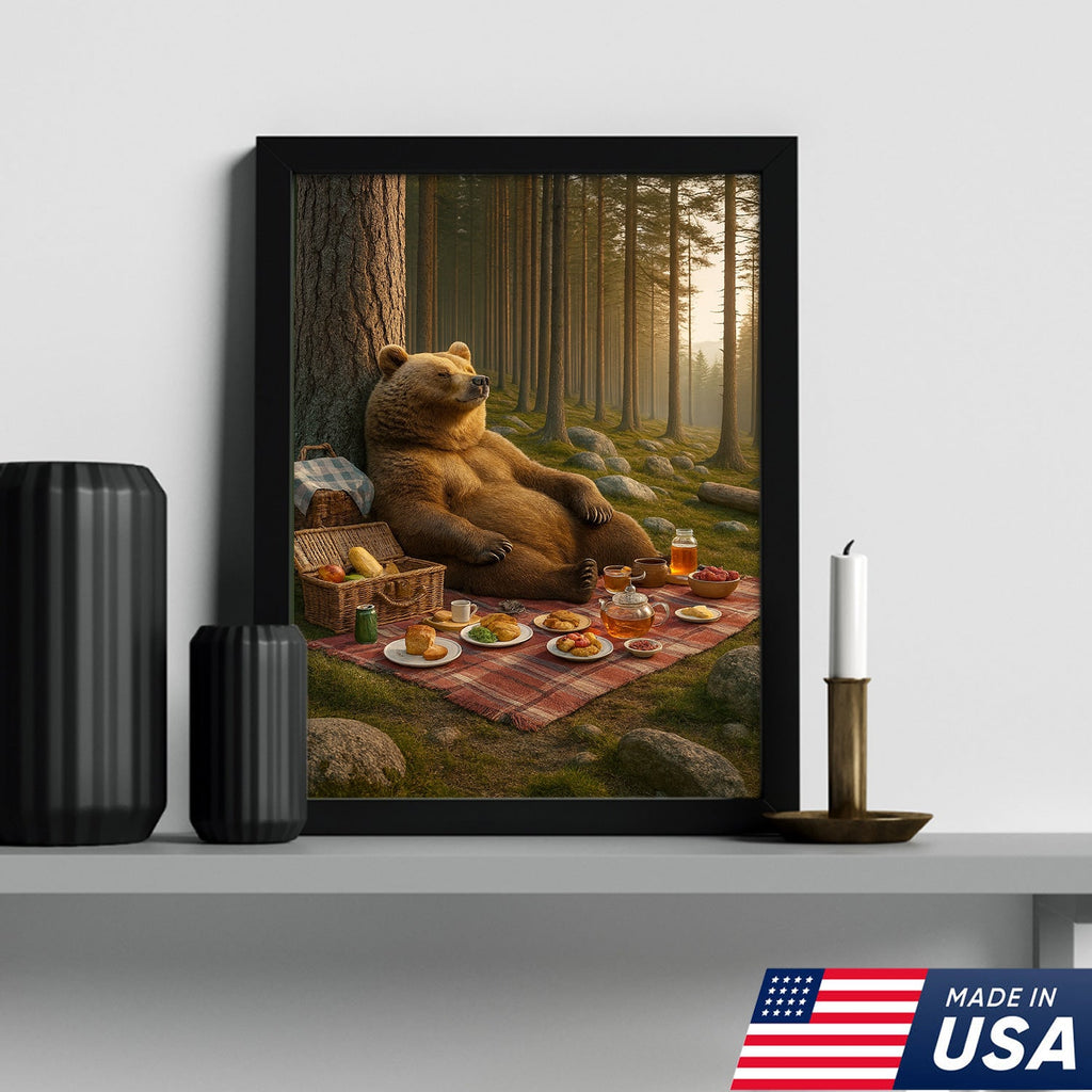 Bear Picnic Forest Wall Art Canvas – Relaxing Woodland Bear Canvas Print for Kitchen Cabin Decor