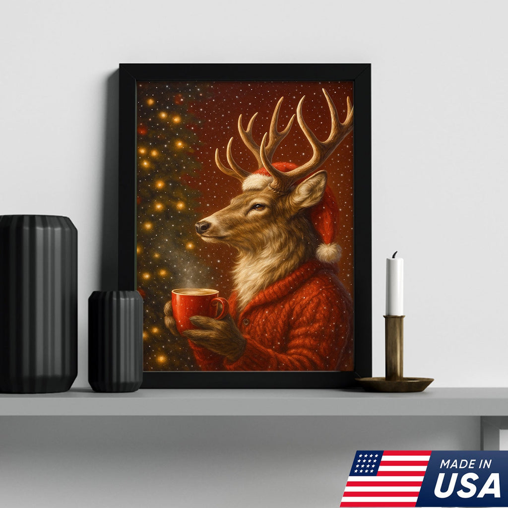 Christmas Deer Drink Coffee In Cozy Sweater Canvas Wall Art - Holiday Cabin Decor