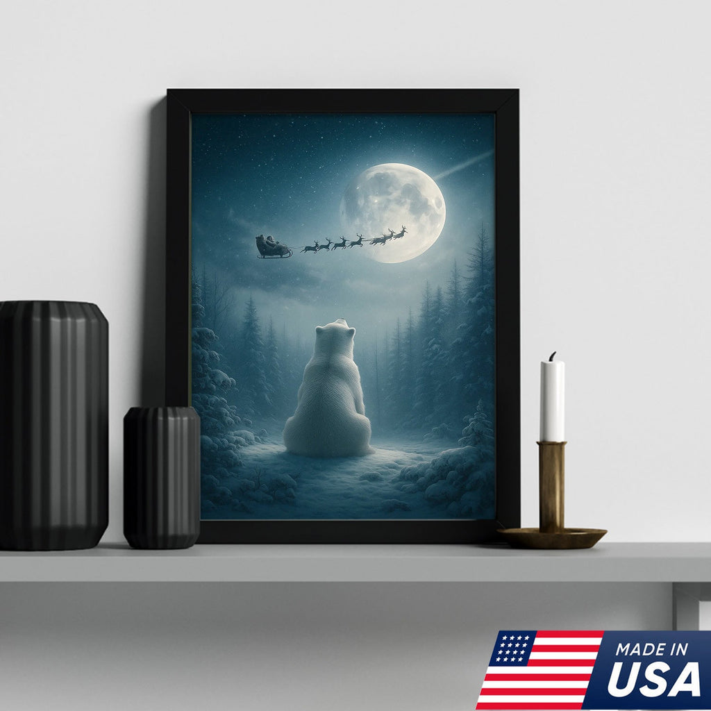 Christmas Polar Bear Santa Sleigh Wall Art Canvas, Winter Night Forest Moon Decor