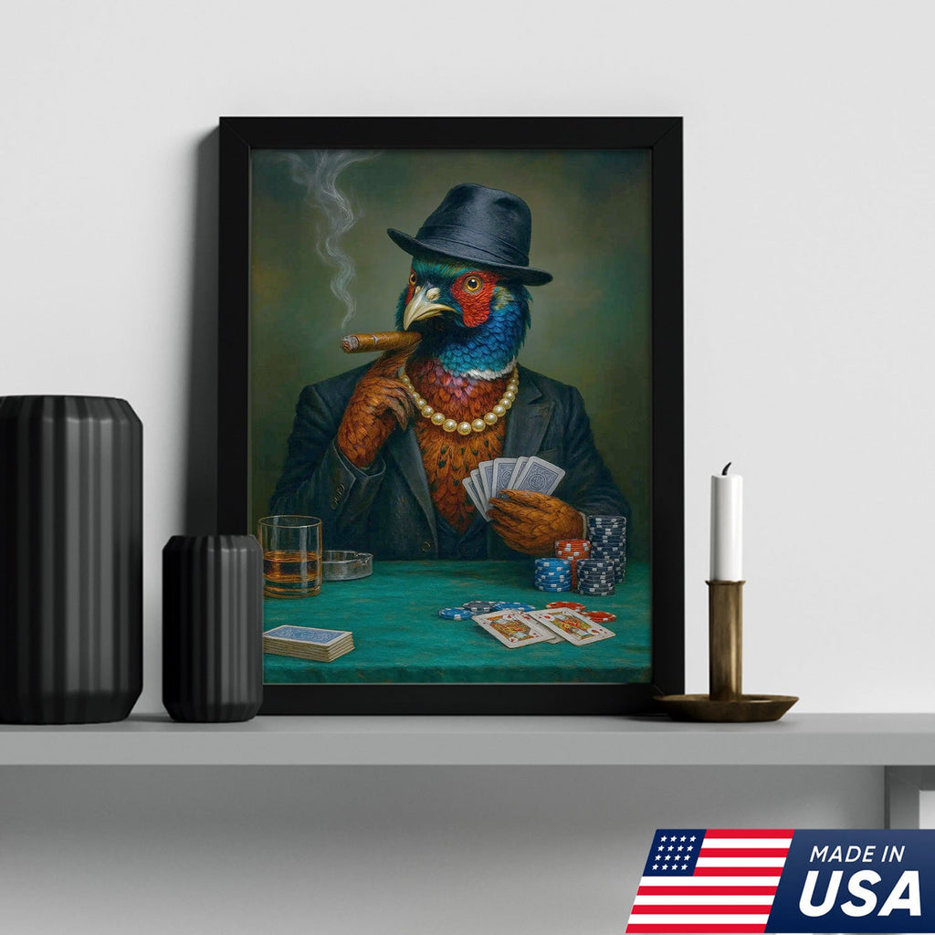 Funny Pheasant Poker Player Canvas Wall Art, Colorful Bird in Suit Casino Decor