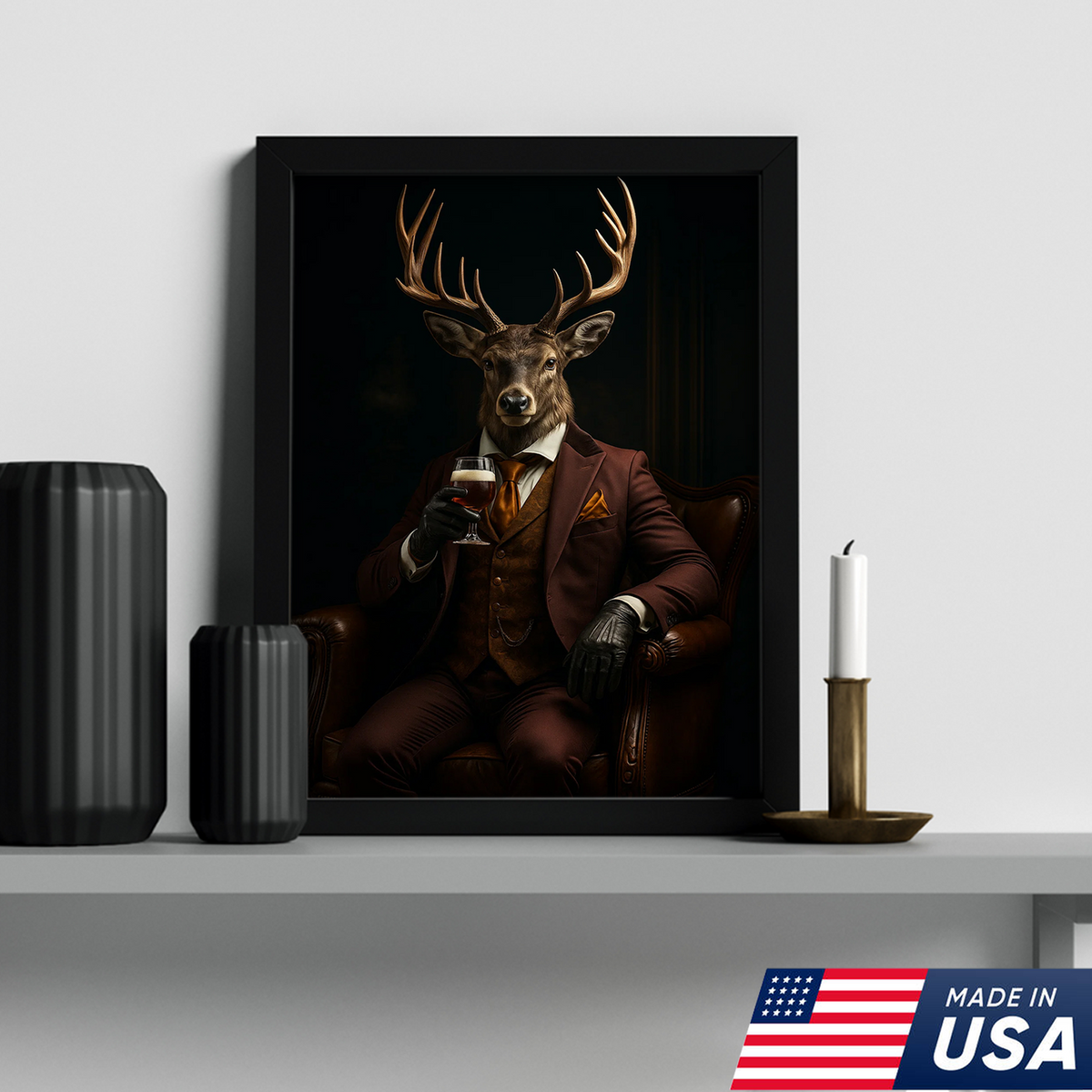 Deer Gentleman Canvas Wall Art – Rustic Lodge Decor, Anthropomorphic Buck in Suit