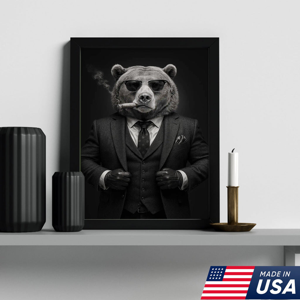 Bear in Suit Canvas Wall Art, Black and White Animal Portrait, Modern Office Decor for Men