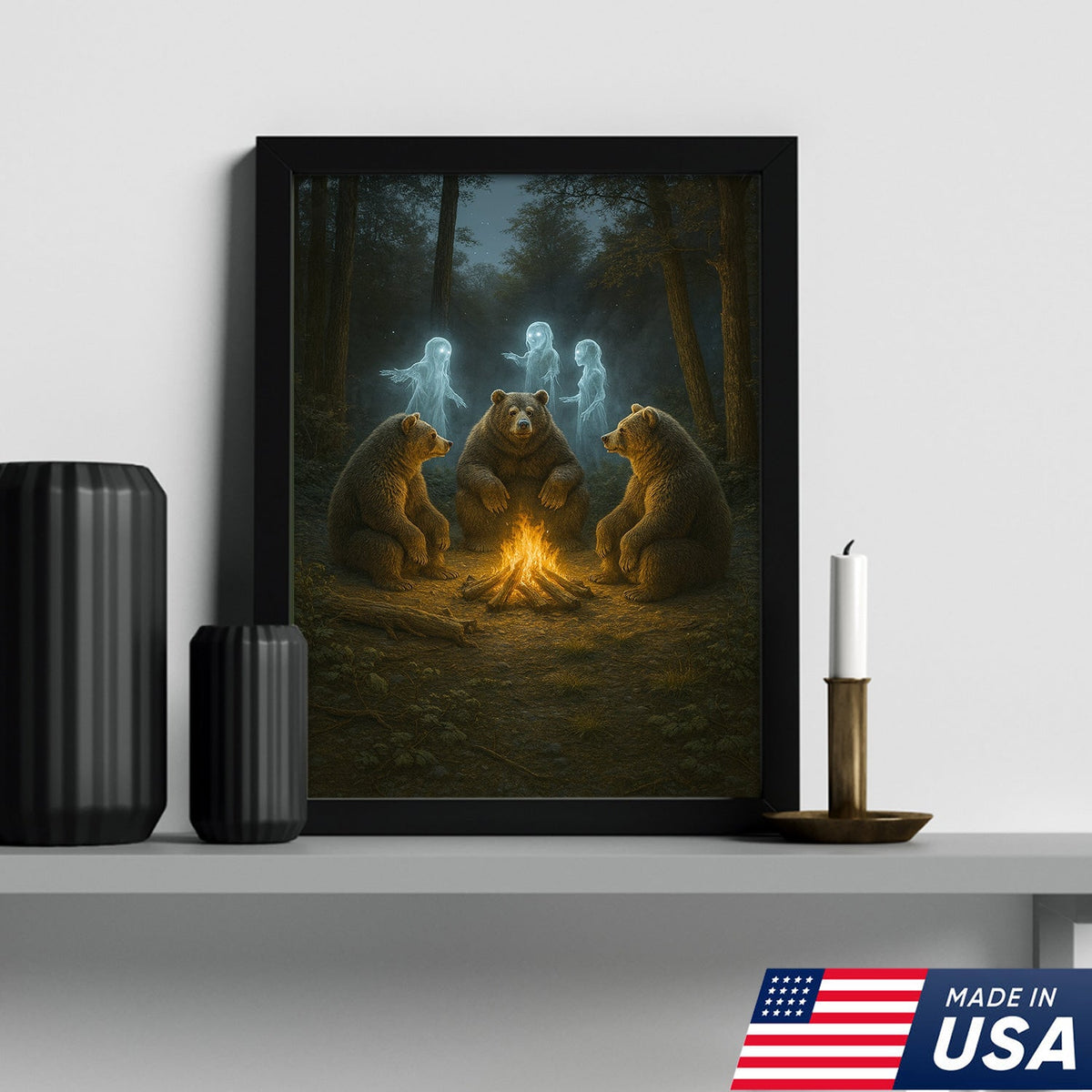 Ghost Bear Campfire Wall Art Canvas – Spooky Forest Spirit Canvas Print for Halloween Decor