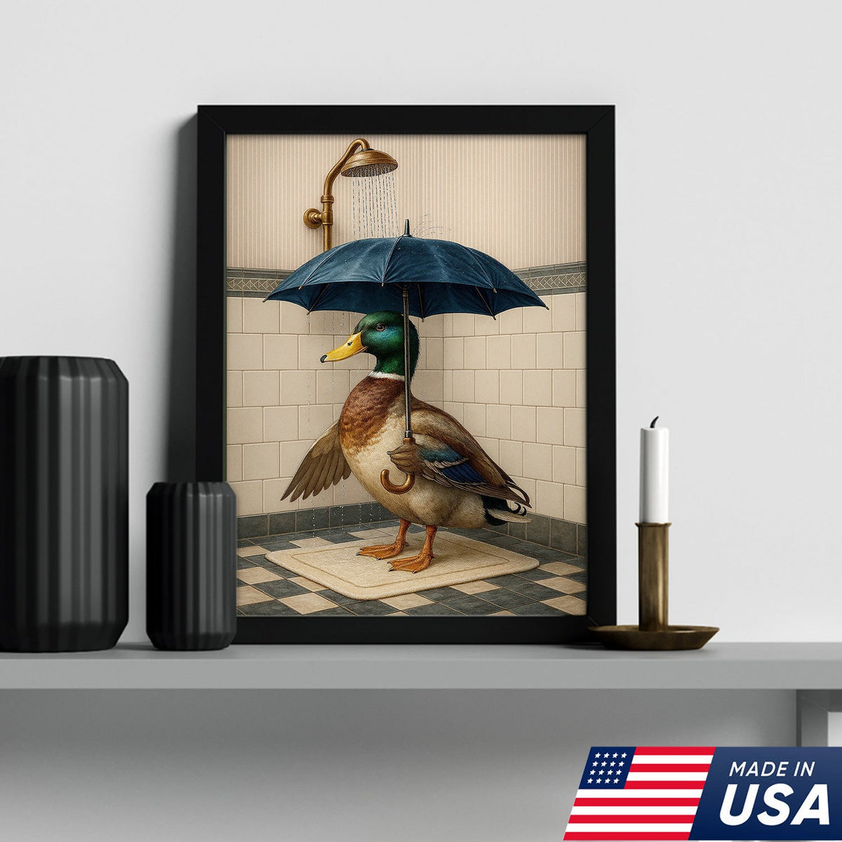 Duck with Umbrella in Shower Canvas Wall Art, Quirky Bathroom Wall Decor