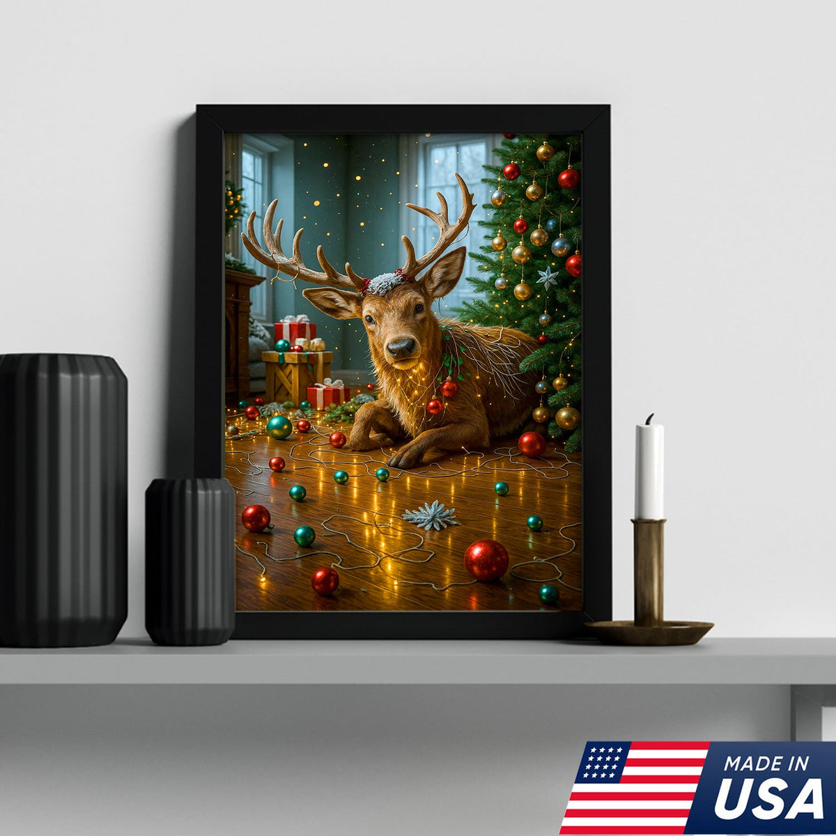 Christmas Reindeer Living Room Canvas Wall Art, Cute Deer With Christmas Tree and Ornaments