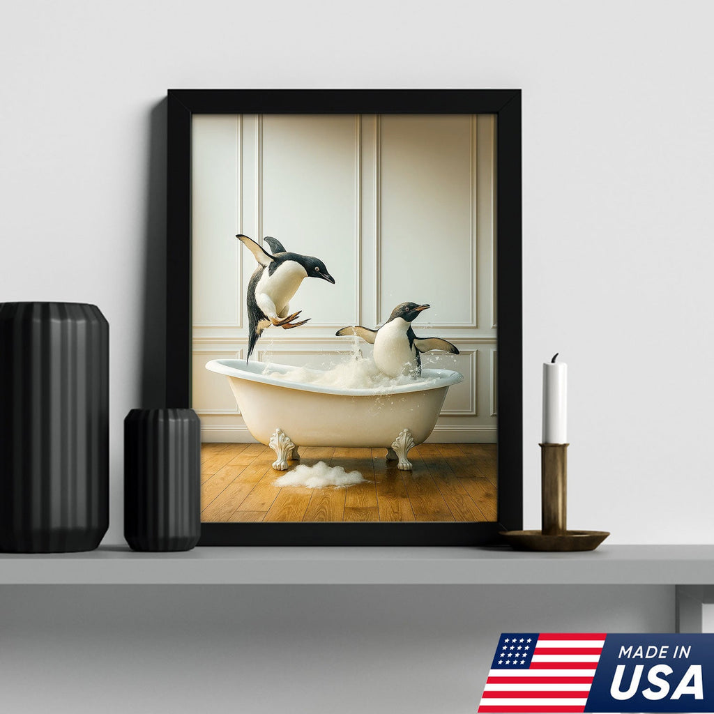 Playful Penguin Bubble Bath Wall Art Canvas, Jumping Penguins in Bathtub Bathroom Decor