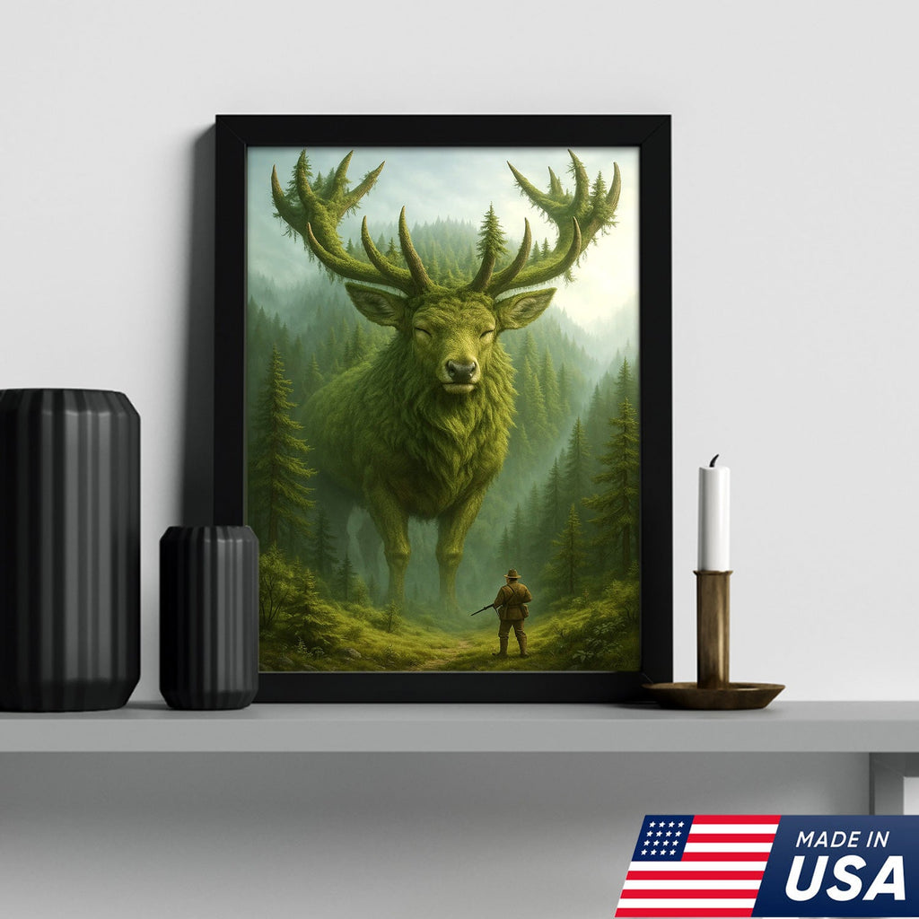 Forest Spirit Deer Wall Art Canvas, Giant Moss Elk with Hunter Fantasy Landscape
