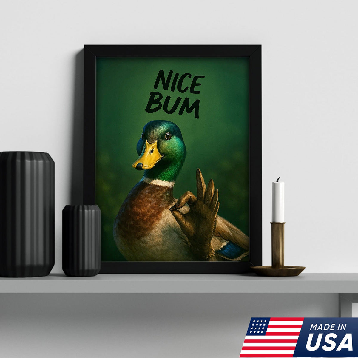 Cheeky Duck Canvas Wall Art – Funny Mallard Humor Print – Playful Rustic Lodge Bathroom Decor