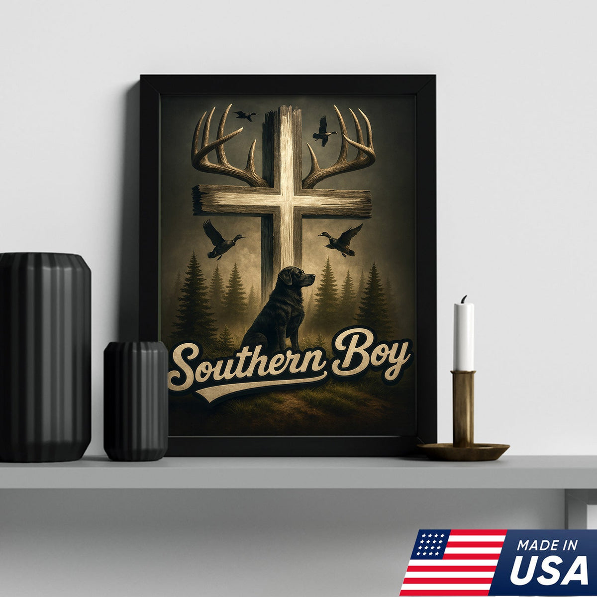 Southern Boy Canvas Wall Art, Deer Antler Cross with Labrador Retriever and Flying Ducks